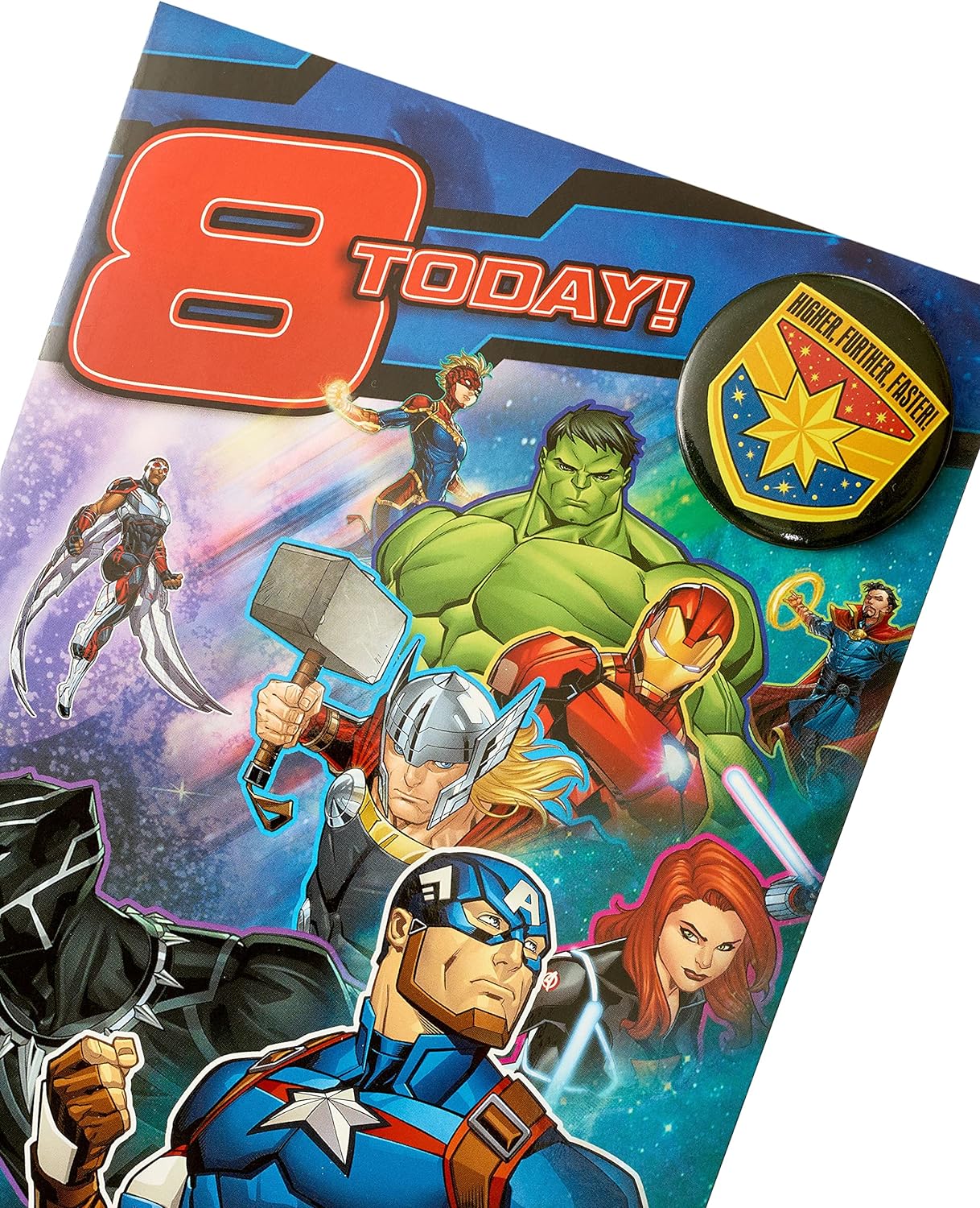 Marvel Avengers 8th birthday greeting card by UK Greetings featuring superhero characters and a badge design.