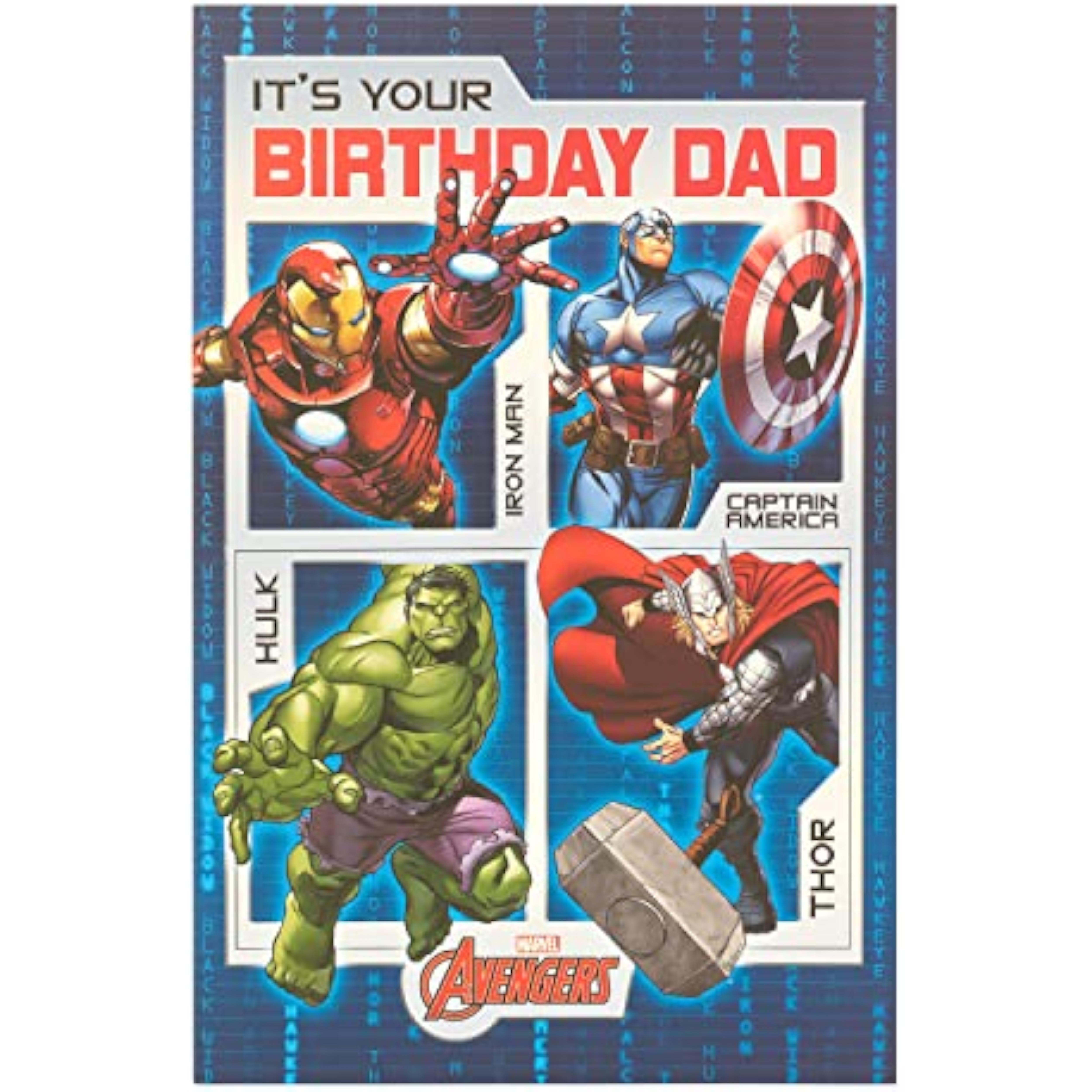 Marvel Avengers themed Dad birthday greeting card by UK Greetings featuring superhero characters and colorful design.