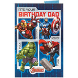 Marvel Avengers Dad birthday greeting card by UK Greetings featuring superhero characters on the front.
