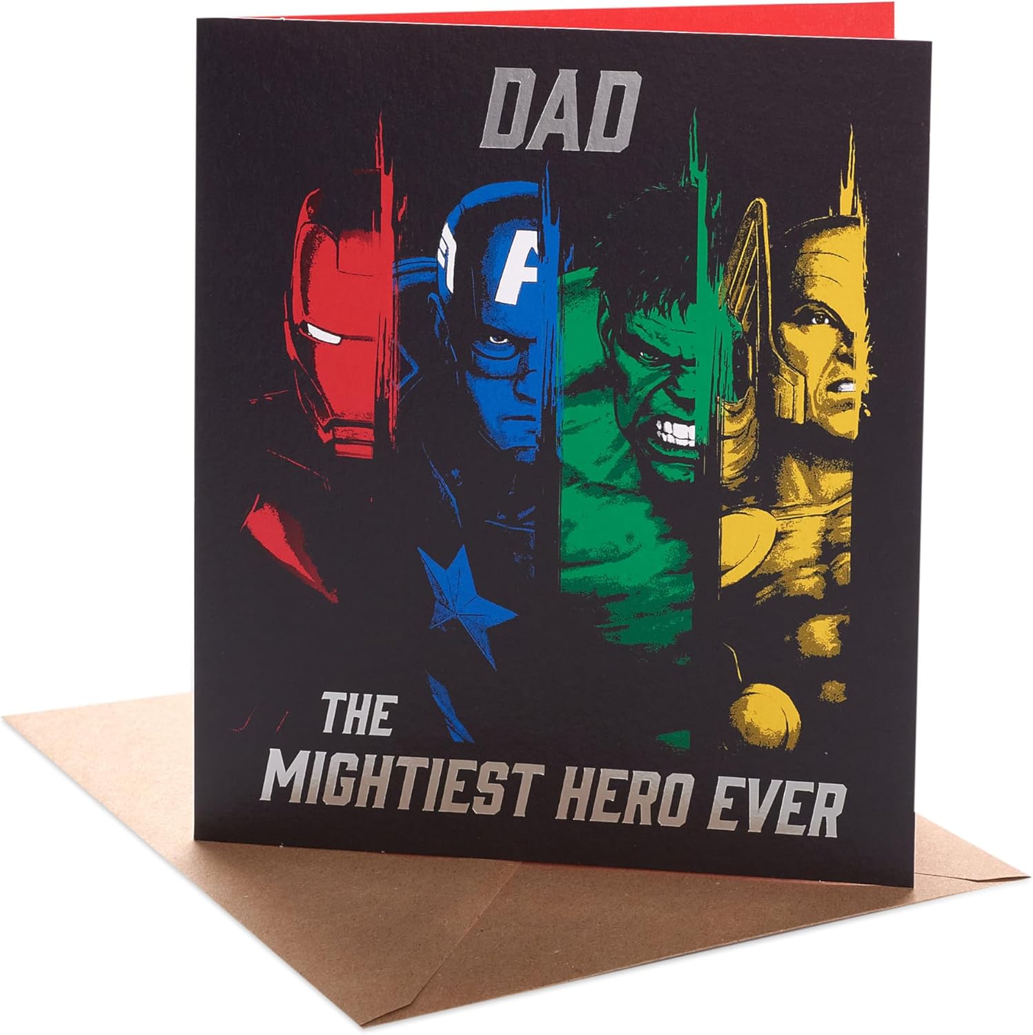 UK Greetings Marvel Avengers Dad birthday card featuring a superhero design with the Mightiest Hero logo and Marvel Avengers branding.