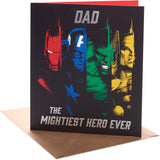 UK Greetings Marvel Avengers Dad birthday card featuring a superhero design with the Mightiest Hero logo and Marvel Avengers branding.