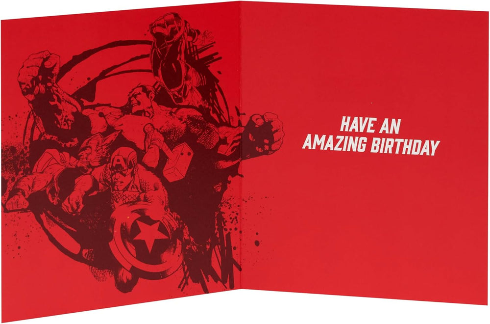 UK Greetings Marvel Avengers Dad birthday card featuring Mightiest Hero superhero design, perfect for celebrating dads.