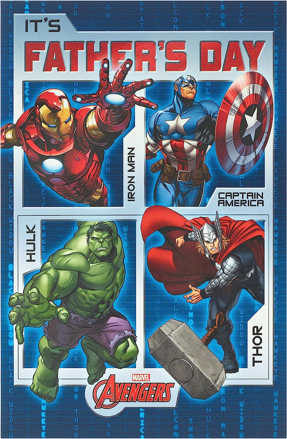 Marvel Avengers Father's Day greeting card by UK Greetings featuring superhero characters and vibrant design.