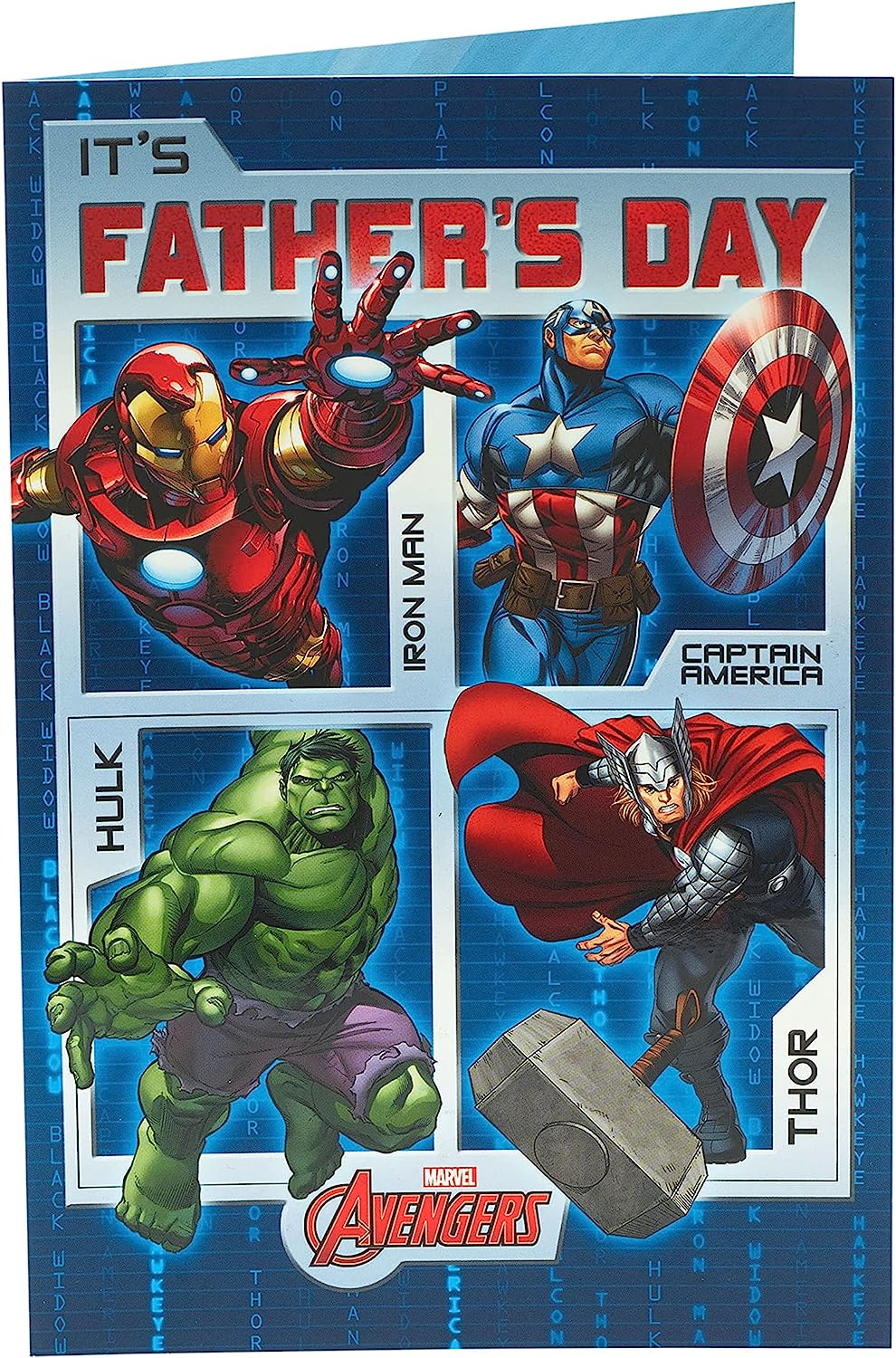 UK Greetings Marvel Avengers Father's Day Card featuring Marvel superhero characters on the front, perfect for celebrating dads.