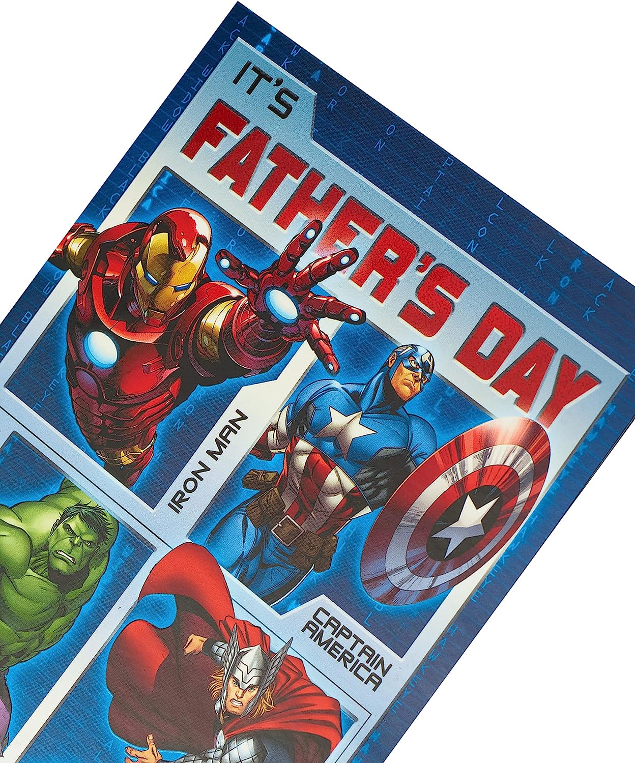 UK Greetings Marvel Avengers Father's Day greeting card featuring superhero characters and bold design for special dad moments.