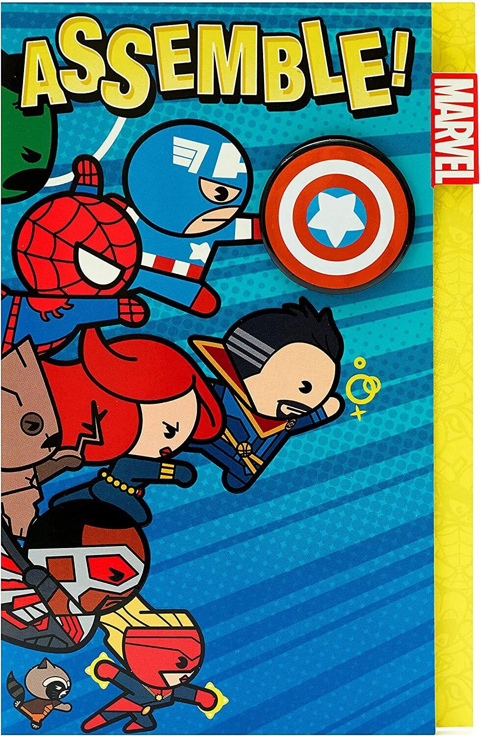 UK Greetings Marvel Avengers kawaii superhero birthday card featuring colorful, cute superhero illustrations on a cheerful greeting card.
