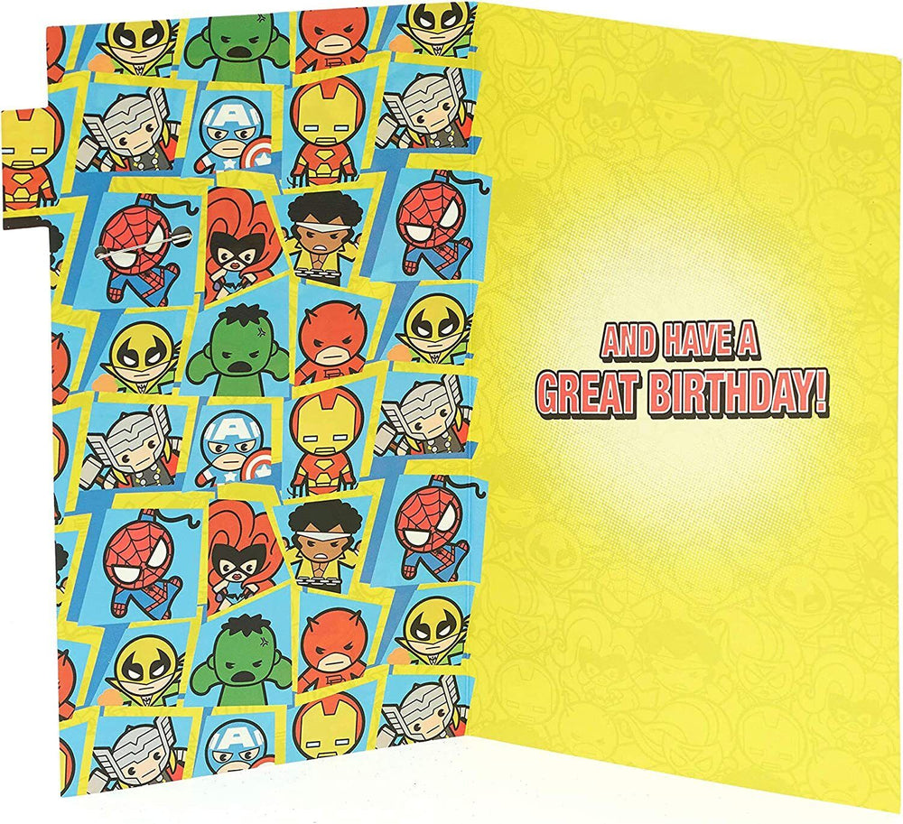 UK Greetings Marvel Avengers kawaii superhero birthday card featuring colorful comic-style characters and cute superhero designs.