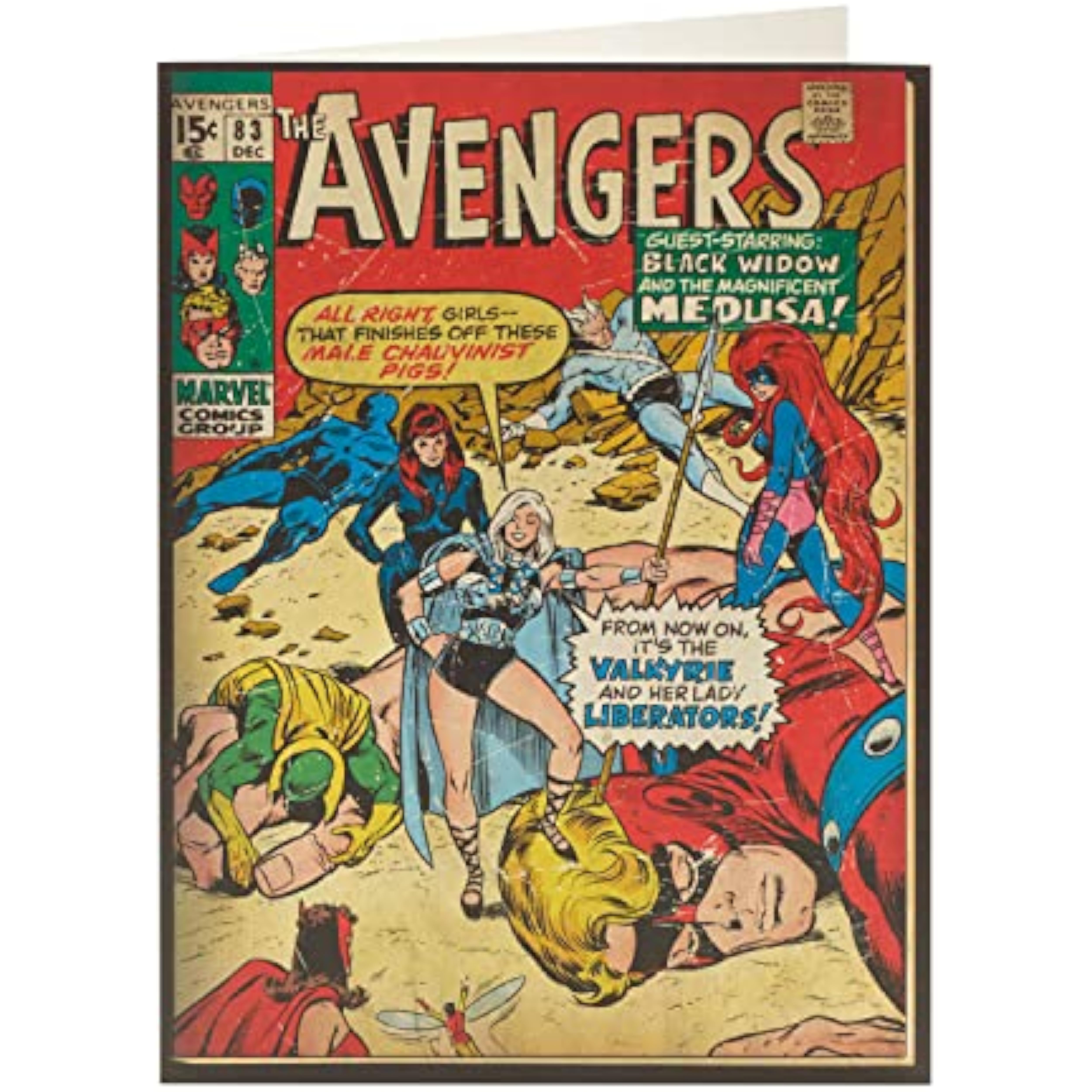 Marvel Avengers vintage comic book birthday card by UK Greetings, featuring classic superhero artwork and colorful retro design.