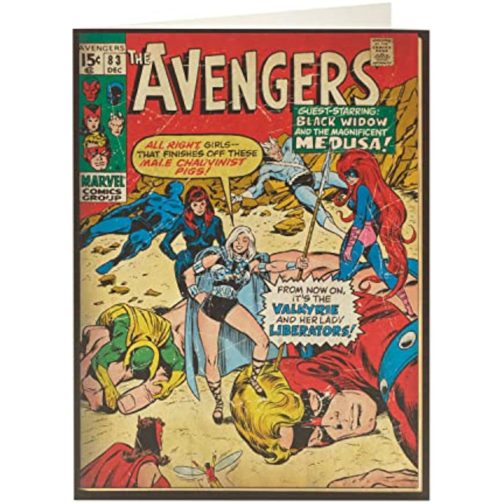 Marvel Avengers vintage comic book birthday card by UK Greetings, featuring classic superhero artwork and colorful retro design.