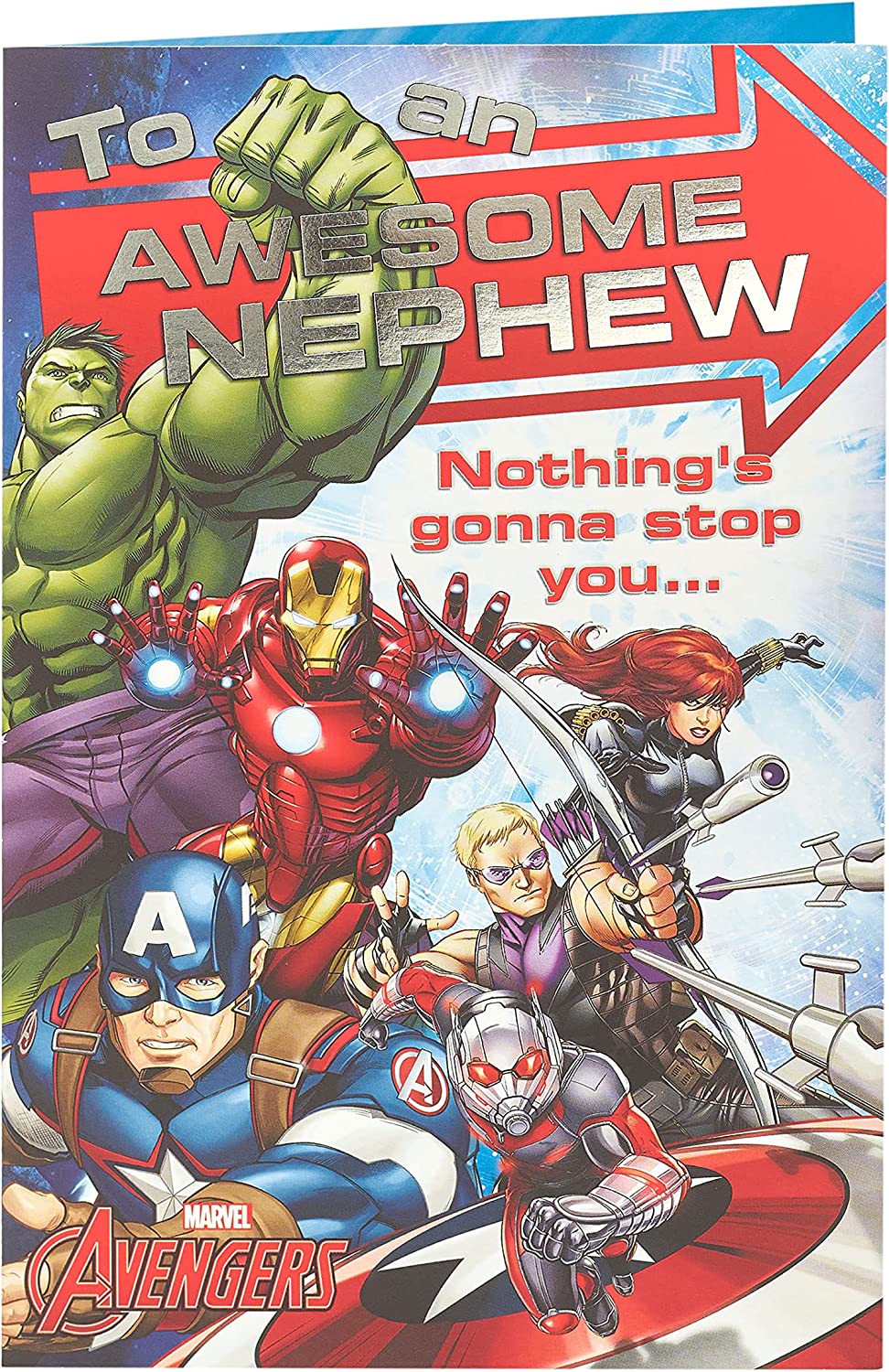 UK Greetings Marvel Awesome Nephew birthday card featuring colorful superhero design, perfect for celebrating a special nephew.