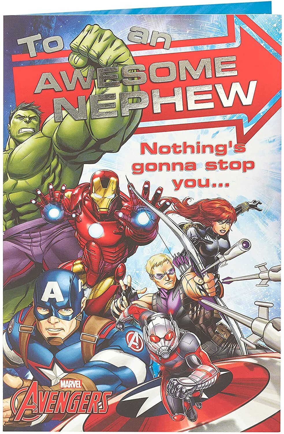UK Greetings Marvel Awesome Nephew Birthday Card, colorful greeting card with Marvel superhero theme for nephew's birthday celebration.