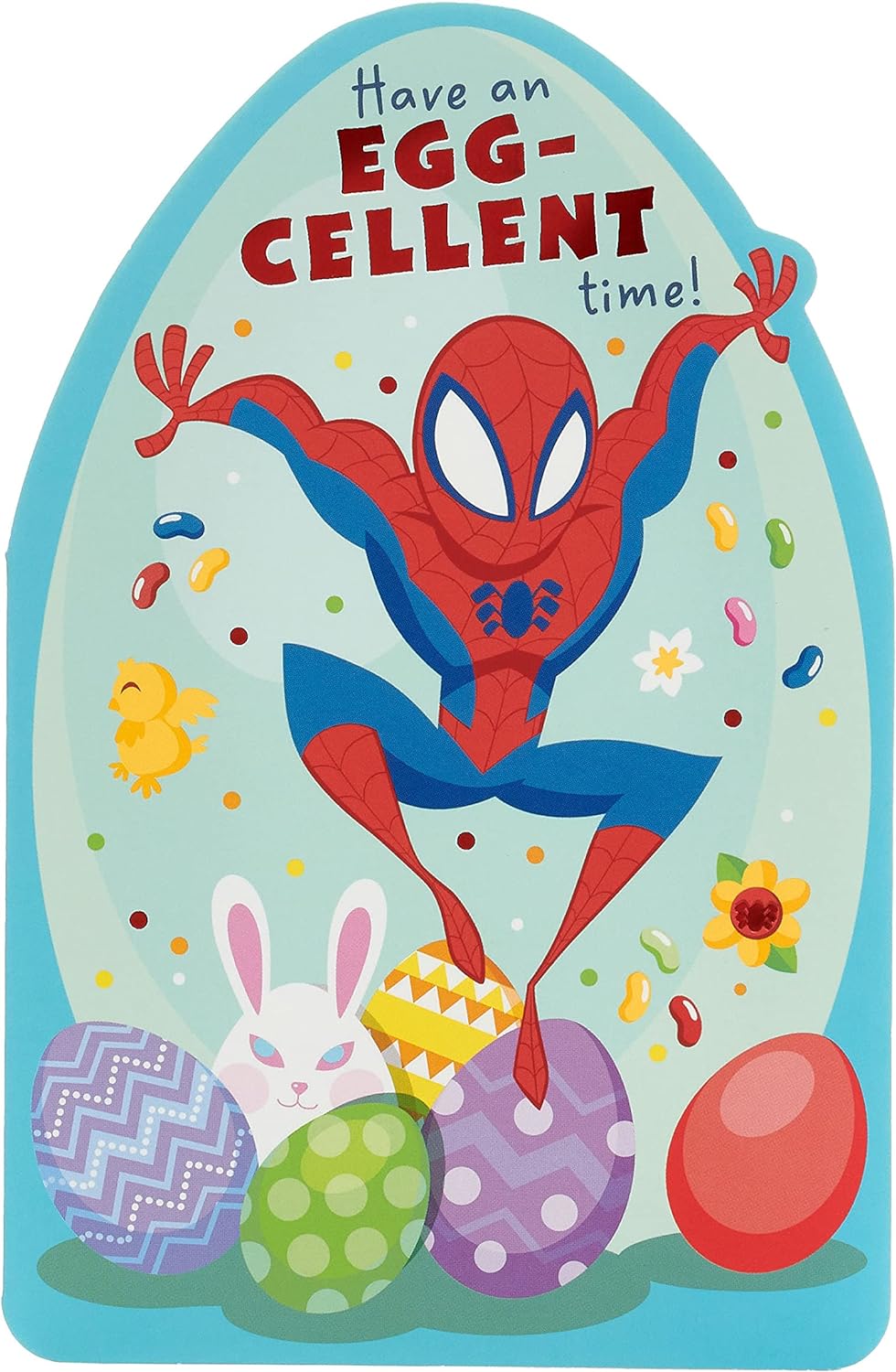 UK Greetings Marvel Easter Card for Him featuring Spider-Man design, boy with envelope, perfect for celebrating Easter.