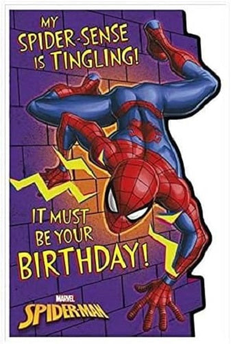 Marvel Spider-Man birthday greeting card from UK Greetings with Spider Sense Is Tingling design and colorful comic book style illustration.