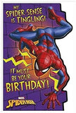 Marvel Spider-Man birthday greeting card from UK Greetings with Spider Sense Is Tingling design and colorful comic book style illustration.