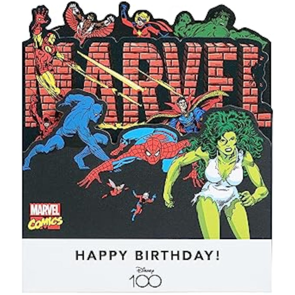 UK Greetings Marvel Retro Pop-up Birthday Card featuring Iron Man, She-Hulk, and Spider-Man with vibrant superhero design.