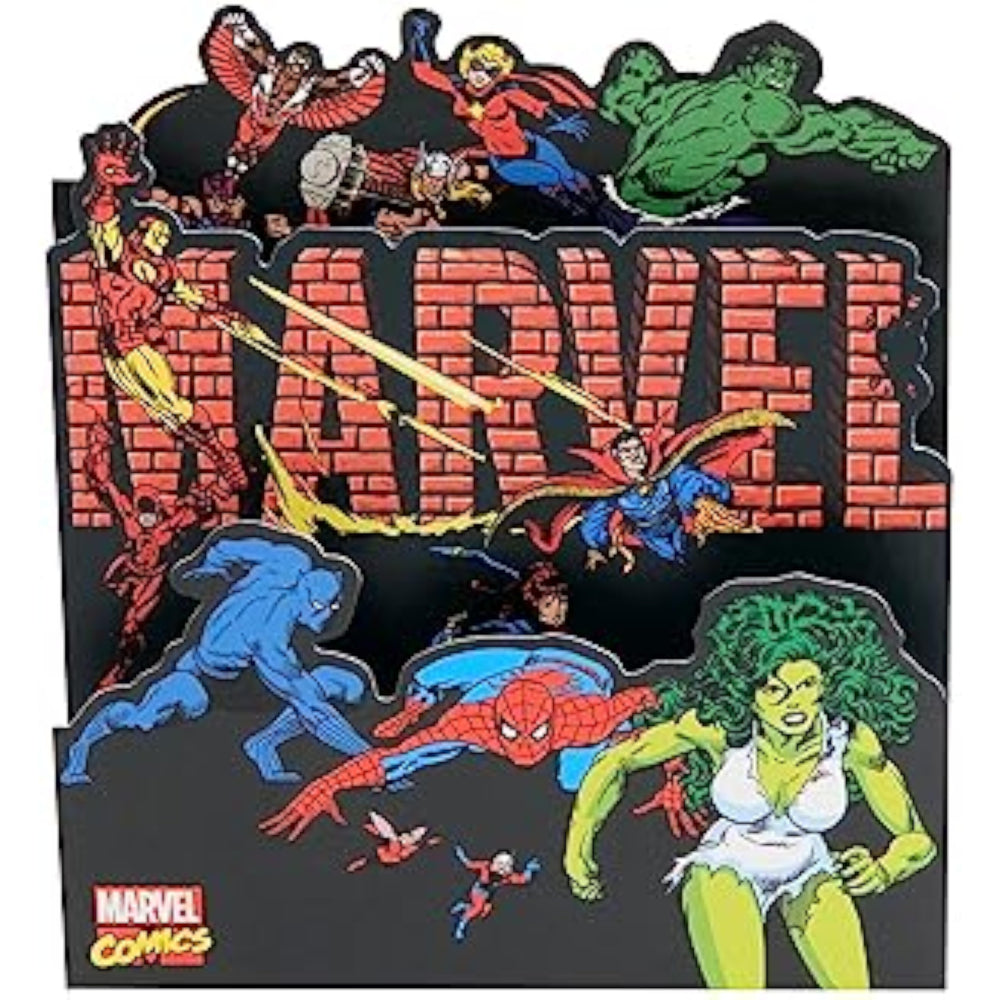 UK Greetings Marvel Retro Pop-up Birthday Card featuring Iron Man, She-Hulk, and Spider-Man with colorful comic-style design.