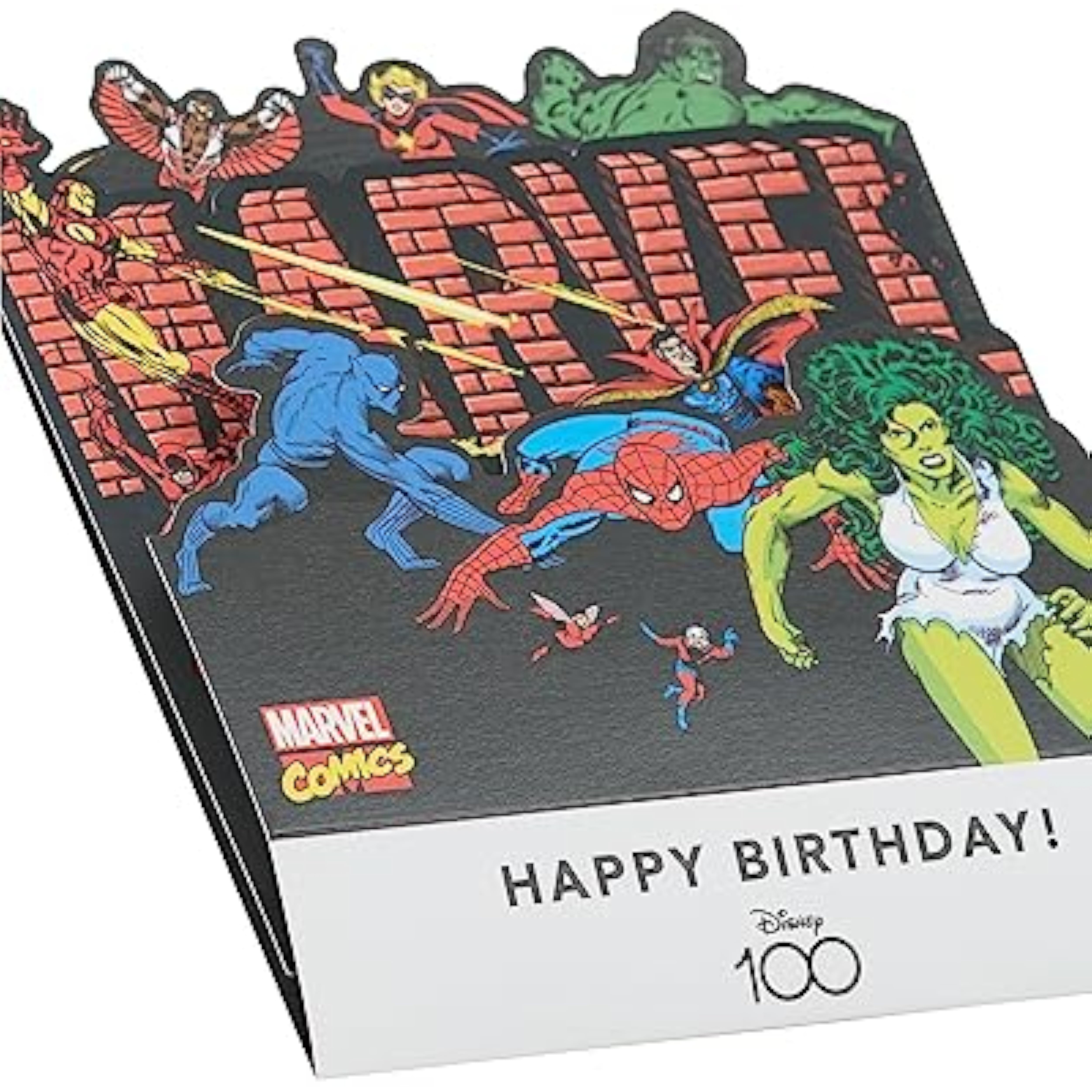 Marvel Retro Pop-up Birthday Card by UK Greetings featuring Iron Man, She-Hulk, and Spider-Man with vibrant pop-up design.