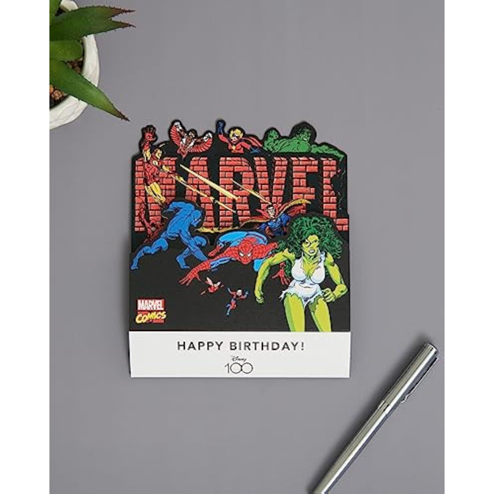 UK Greetings Marvel Retro Pop-up Birthday Card featuring Iron Man, She-Hulk, and Spider-Man characters.