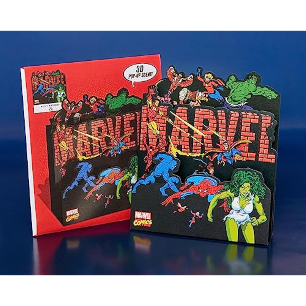 Marvel Retro Pop-up Birthday Card by UK Greetings featuring Iron Man, She-Hulk, and Spider-Man characters.