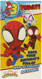 UK Greetings Marvel Spider-Man 3rd birthday card with badge featuring Spider-Man artwork, suitable for celebrating a child's birthday.