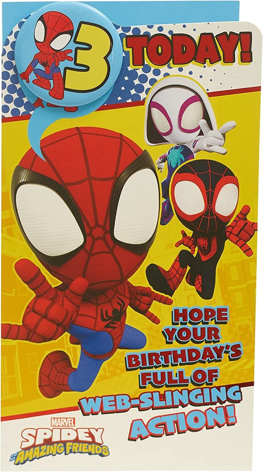 Marvel Spider-Man 3rd birthday greeting card from UK Greetings featuring Spider-Man image and a badge for celebration.