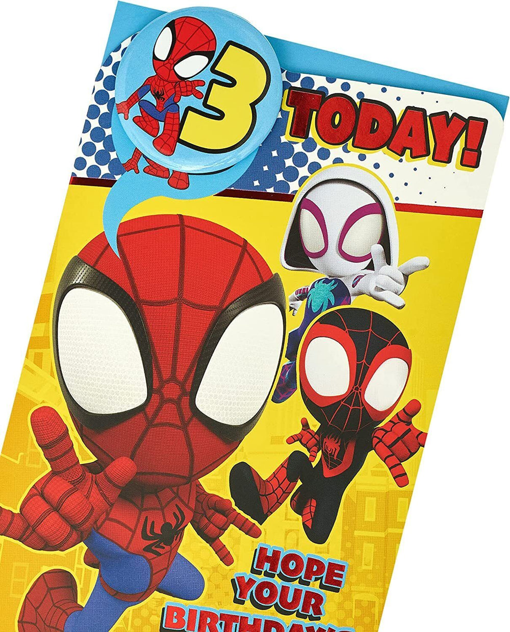 Marvel Spider-Man 3rd birthday greeting card with badge by UK Greetings featuring Spider-Man illustration and colorful design.