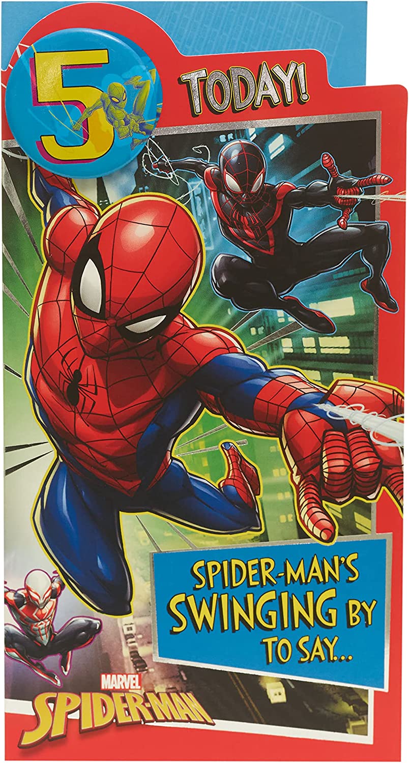 Marvel Spider-Man 5th birthday greeting card by UK Greetings featuring Spider-Man illustration and a badge for celebration.