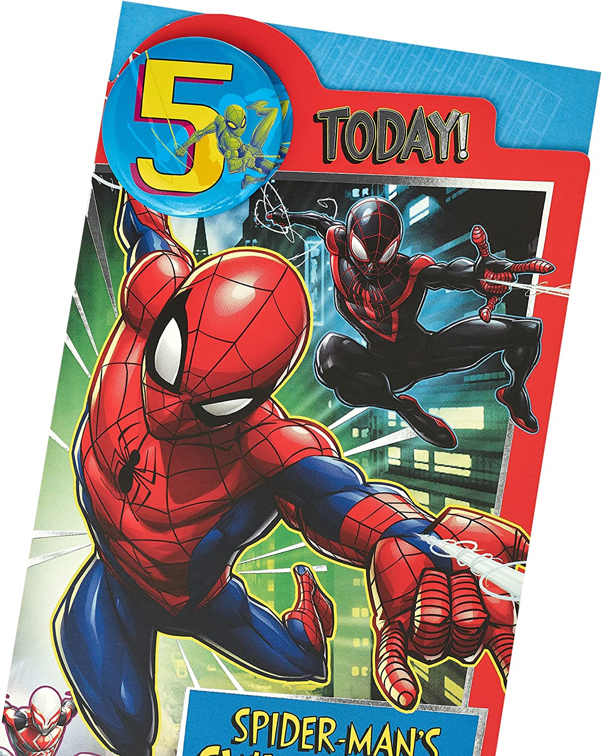 UK Greetings Marvel Spider-Man 5th birthday greeting card with badge featuring Spider-Man illustration and colorful birthday design.