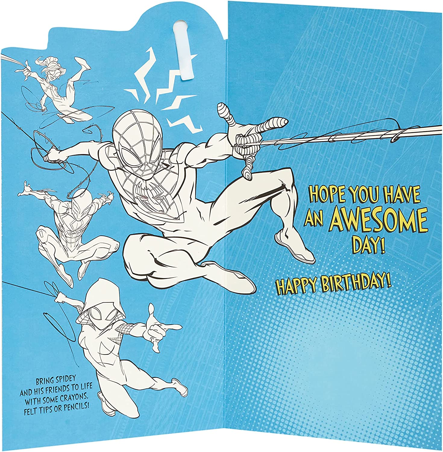 UK Greetings Marvel Spider-Man 5th birthday card featuring Spider-Man illustration and a badge on the front.