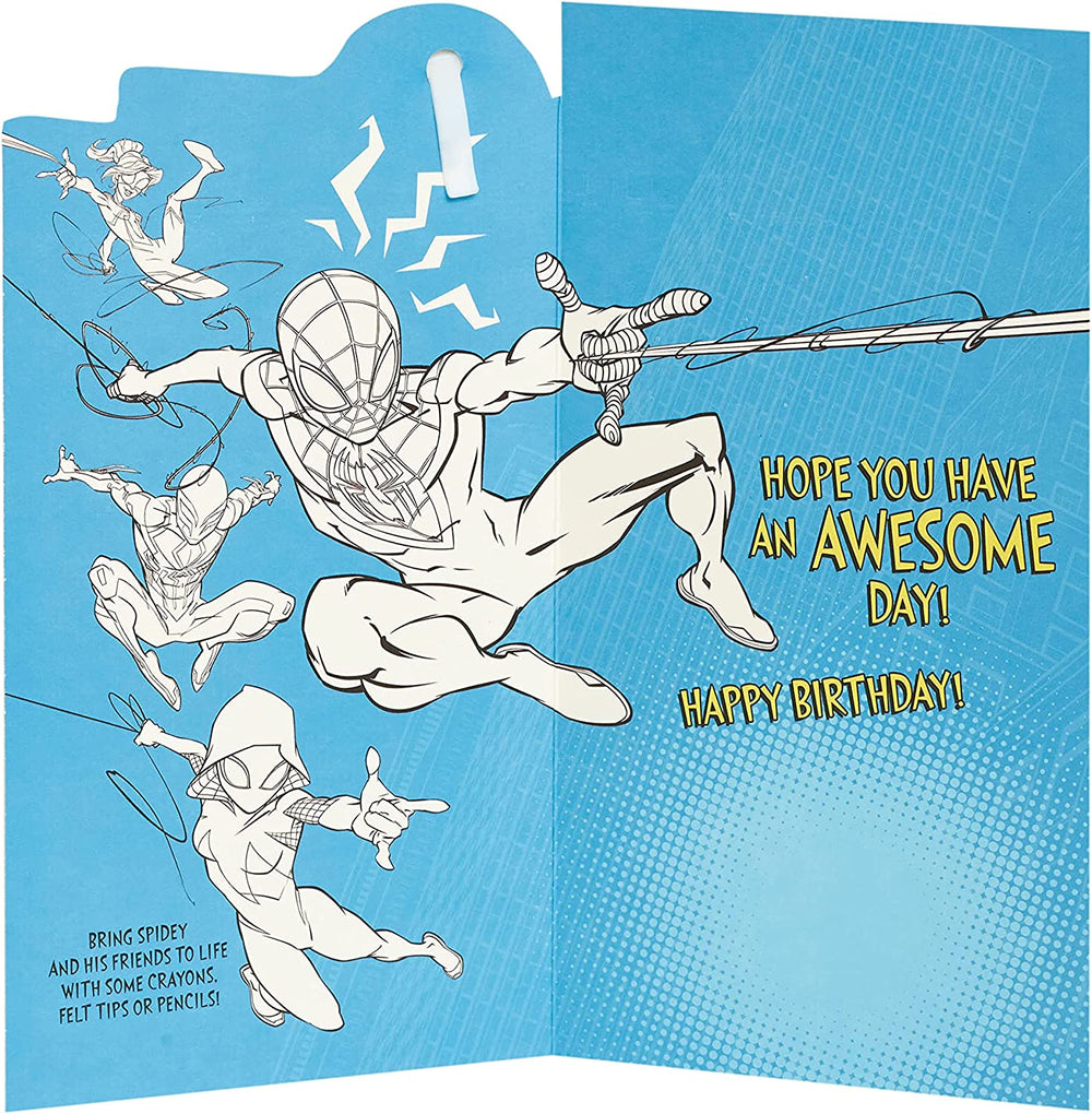 UK Greetings Marvel Spider-Man 5th birthday card featuring Spider-Man illustration and a badge on the front.