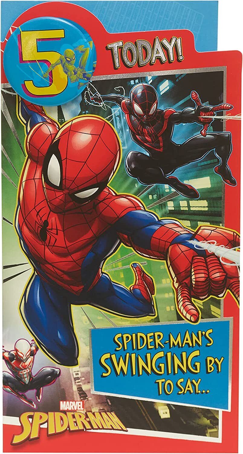 Marvel Spider-Man 5th birthday greeting card from UK Greetings featuring Spider-Man and a badge design.