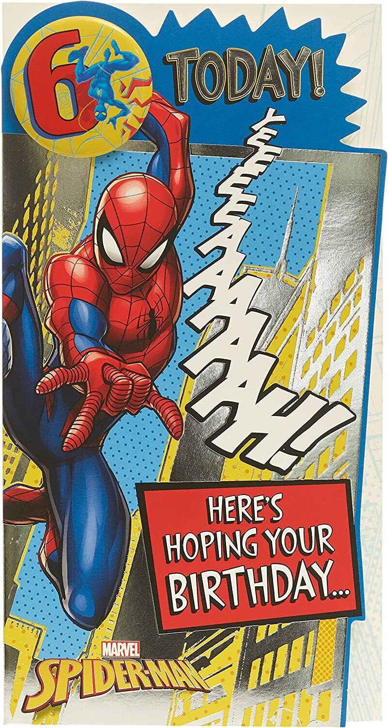 UK Greetings Marvel Spider-Man 6th birthday greeting card with badge featuring Spider-Man character and colorful birthday design