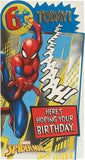 UK Greetings Marvel Spider-Man 6th birthday greeting card with badge featuring Spider-Man character and colorful birthday design