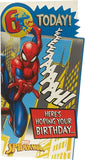 UK Greetings Marvel Spider-Man 6th birthday card with badge featuring Spider-Man illustration and colorful birthday design.