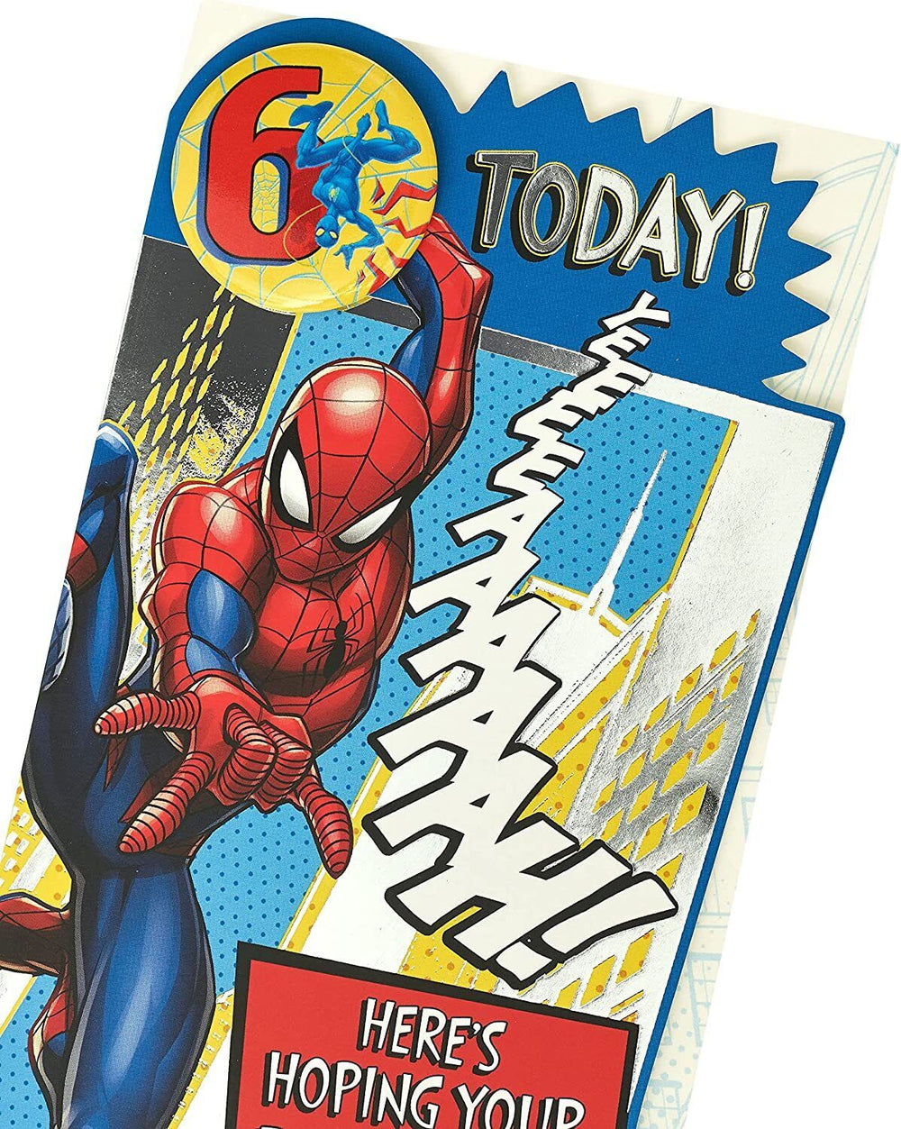 UK Greetings Marvel Spider-Man 6th birthday greeting card with badge featuring Spider-Man and colorful birthday design.