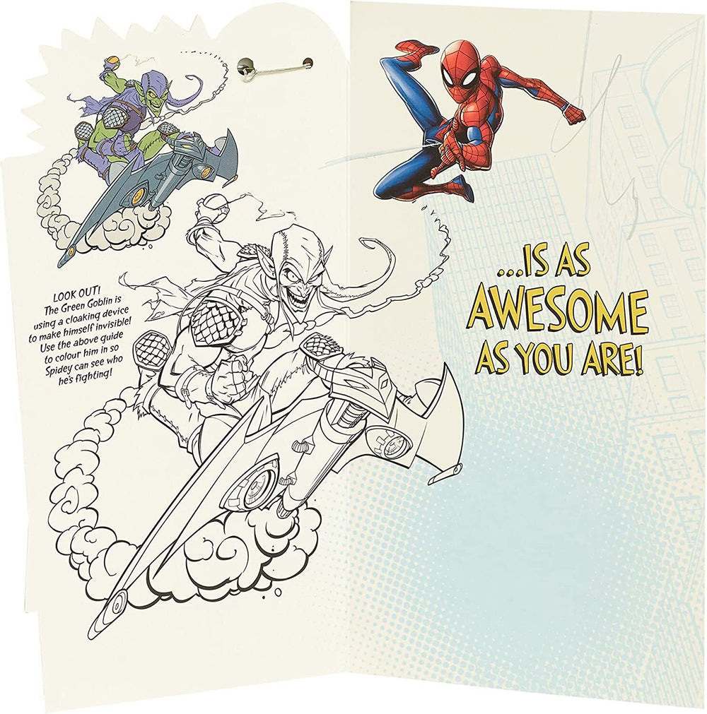 UK Greetings Marvel Spider-Man 6th birthday card with badge, featuring Spider-Man and colorful birthday design.