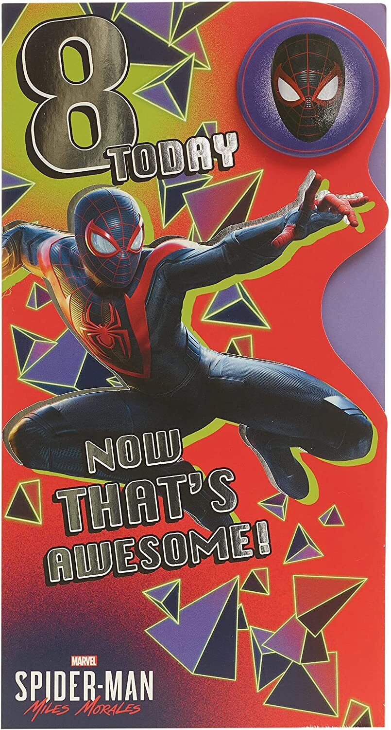 Marvel Spider-Man 8th birthday greeting card by UK Greetings featuring Spider-Man in action for kids' birthday celebrations.