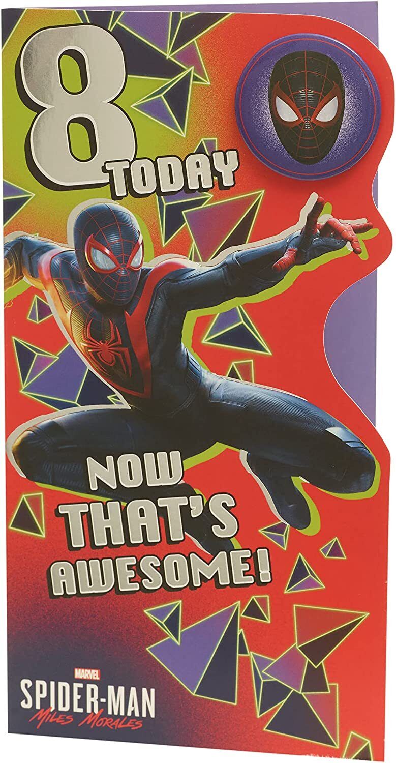UK Greetings Marvel Spider-Man 8th birthday greeting card featuring Spider-Man in action for kids' celebration.