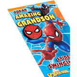 Marvel Spider-Man birthday greeting card for grandson by UK Greetings, includes envelope and badge, colorful design, 121x229 mm.