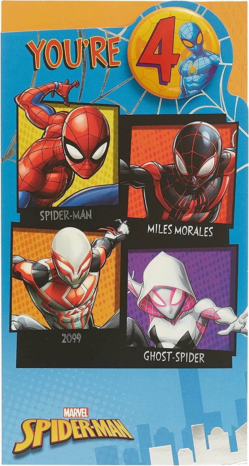 Marvel Spider-Man birthday greeting card by UK Greetings featuring Spider-Man with a badge on the front.