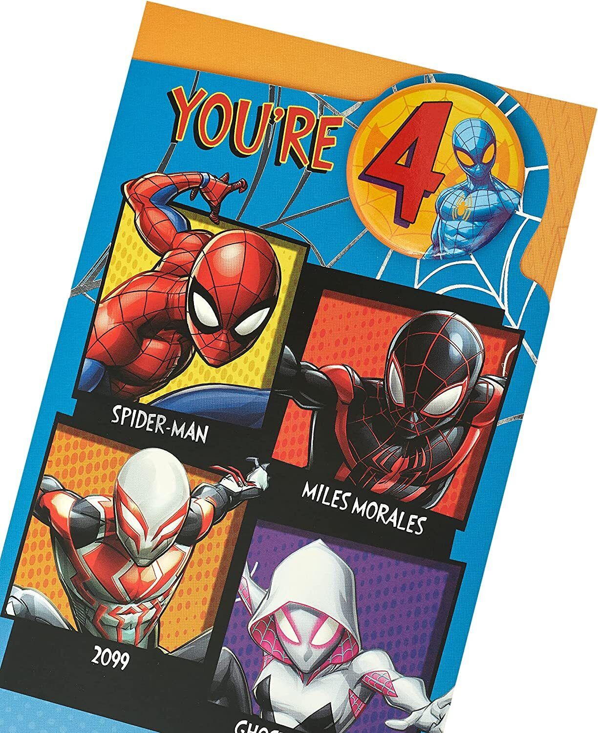 Marvel Spider-Man birthday greeting card with badge by UK Greetings, featuring Spider-Man illustration and festive design.