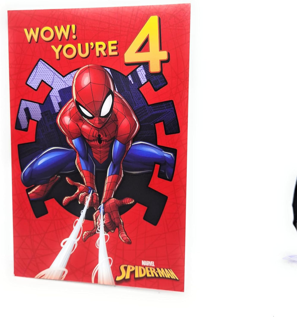 UK Greetings Marvel Spiderman 4th birthday greeting card with Spiderman illustration and colorful birthday design.