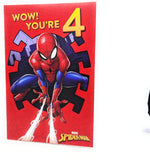 UK Greetings Marvel Spiderman 4th birthday greeting card with Spiderman illustration and colorful birthday design.