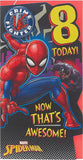 Marvel Spiderman 8th birthday greeting card by UK Greetings featuring Spiderman in action on colorful comic-style background.