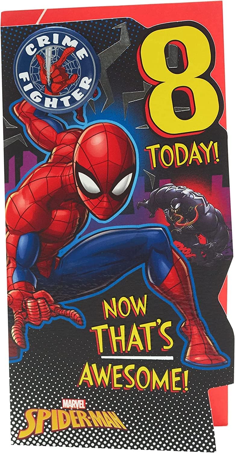 UK Greetings Marvel Spiderman 8th birthday greeting card featuring Spiderman superhero design and colorful birthday graphics.