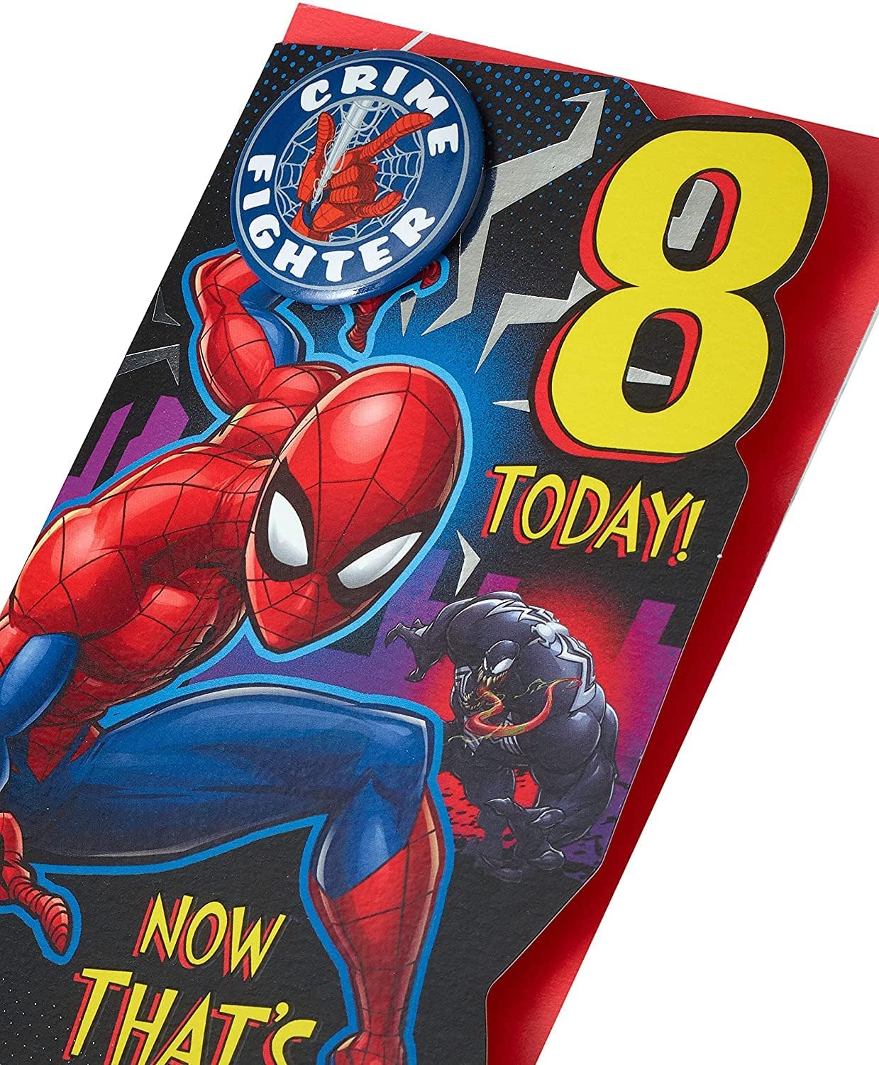 Marvel Spiderman 8th birthday greeting card by UK Greetings featuring Spiderman in action on a colorful background.