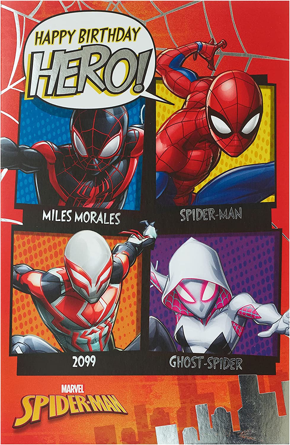 Marvel Spiderman birthday greeting card by UK Greetings featuring Spiderman swinging through a colorful comic book background.