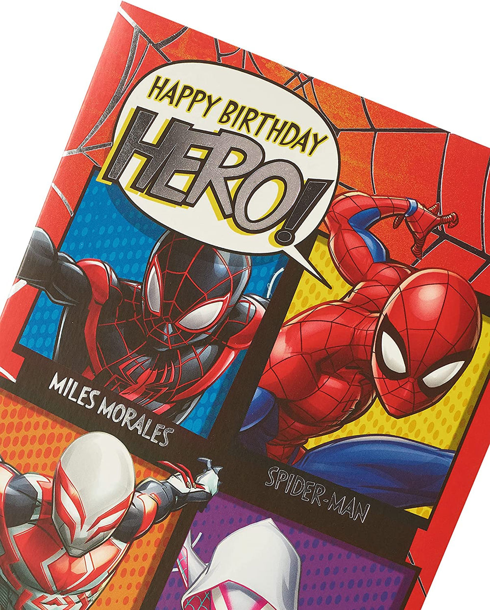 Marvel Spiderman birthday greeting card by UK Greetings featuring Spiderman in action on colorful comic-style background.