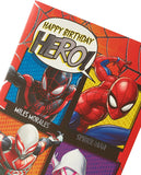 Marvel Spiderman birthday greeting card by UK Greetings featuring Spiderman in action on colorful comic-style background.