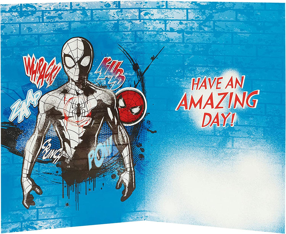 UK Greetings Marvel Spiderman birthday card featuring Spider-Man illustration for celebrating special occasions.